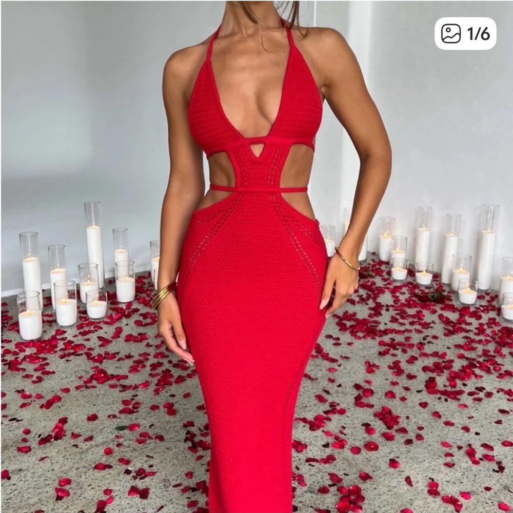 Red Crochet Halter Dress